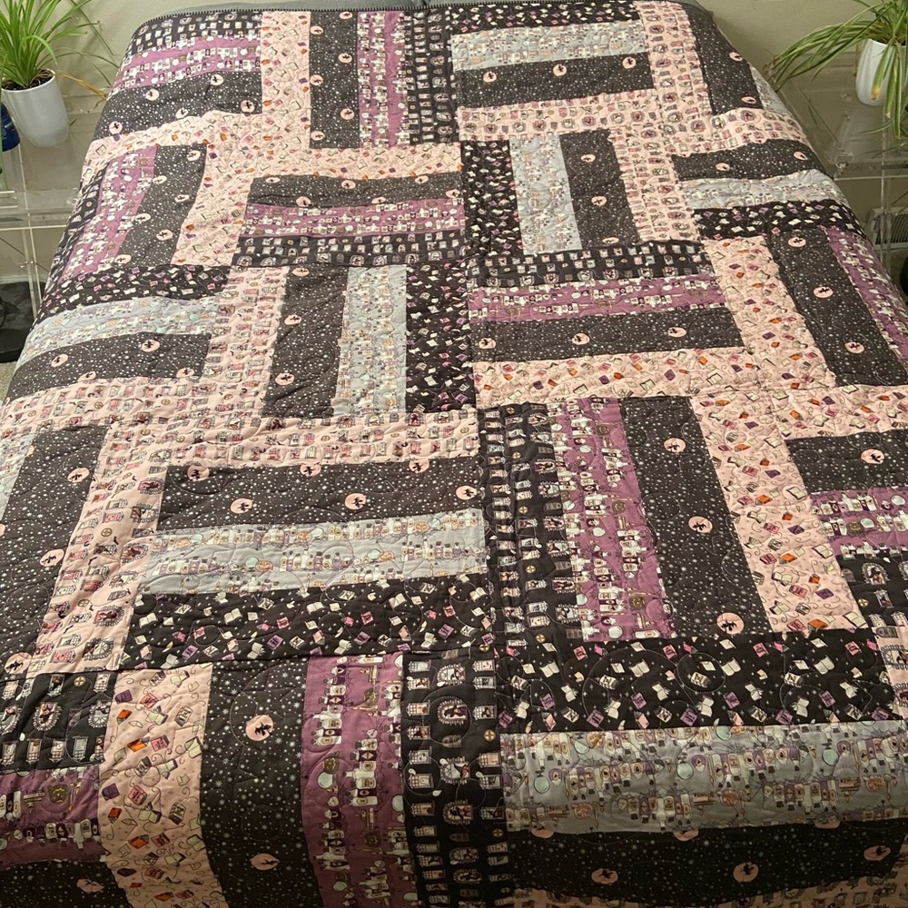 Spooky Schoolhouse Quilt, 80”x92”, cotton fabric, cotton/scrim batting